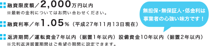 融資限度額/2,000万円以内 ※最新の金利については最寄りの商工会・商工会議所までお問い合わせください。 融資利率/年1.05%(平成27年11月13日現在) 返済期間/運転資金7年以内(据置1年以内)設備資金10年以内(据置2年以内) ※元利返済据置期間はご希望の期間に設定できます。
